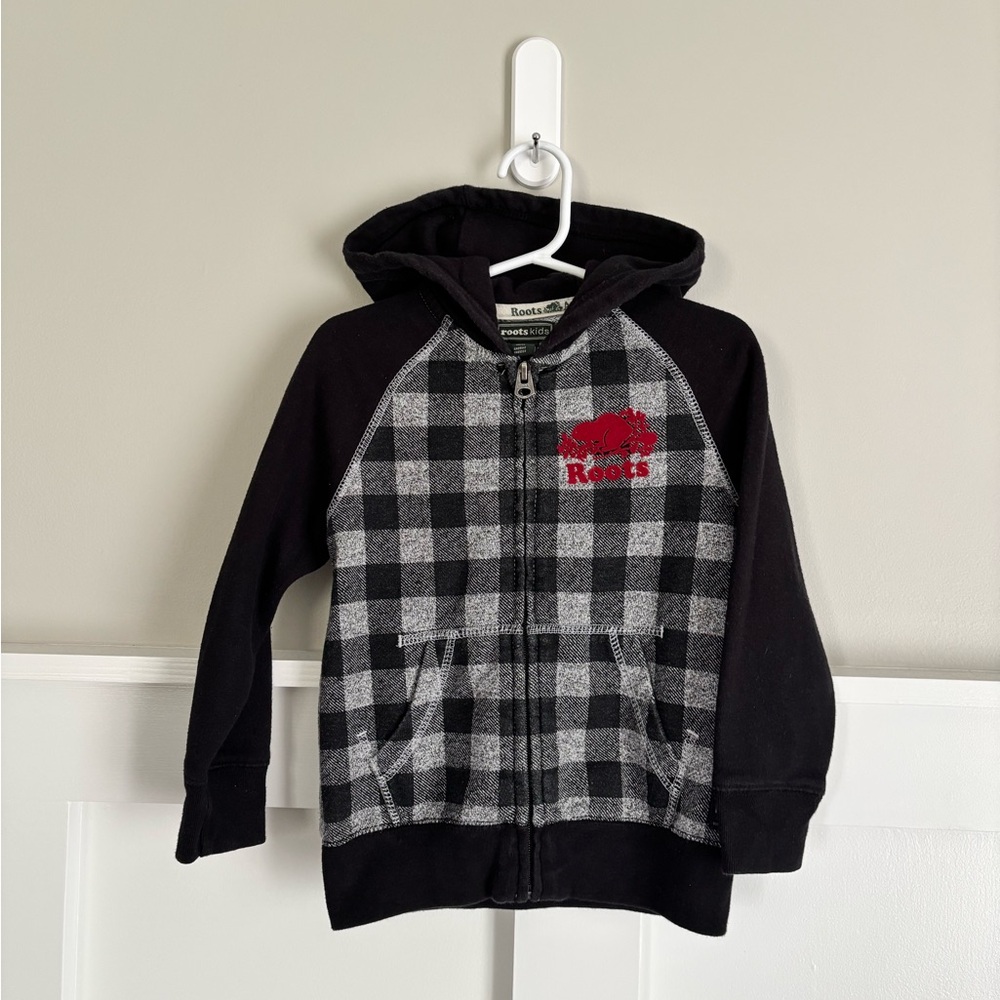 EUC Roots Kids 4T Black and Gray Checkered Zip Hoodie w/ Red Logo